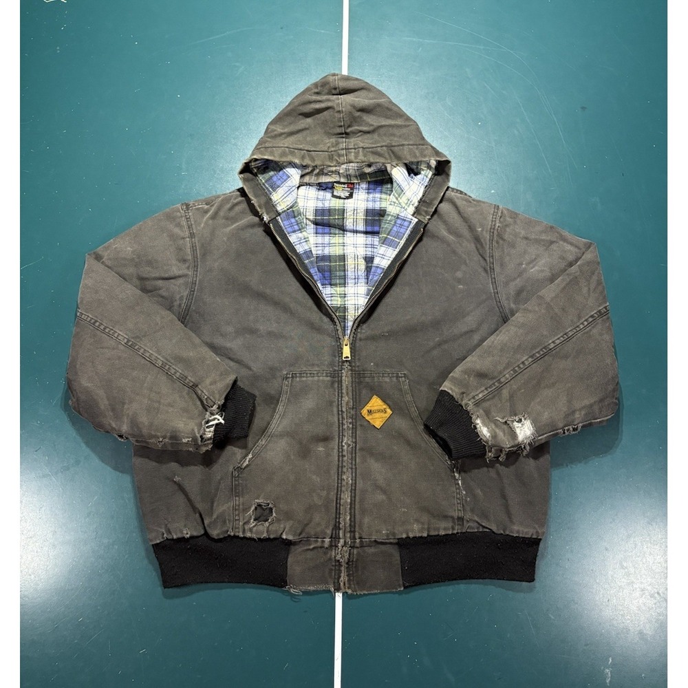 Vtg Muleskins By Carhartt Canvas Hooded Work Jacket XL Black Plaid Faded Trashed